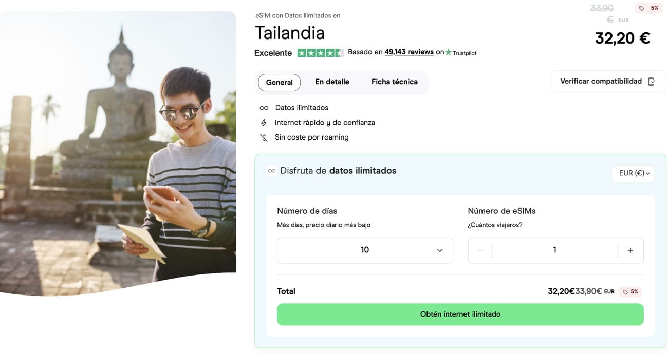 ESIM Tailandia 10 Días 50 GB Datos 5G - Número Local + Llamadas, Activación Automática Por QR, Red AIS