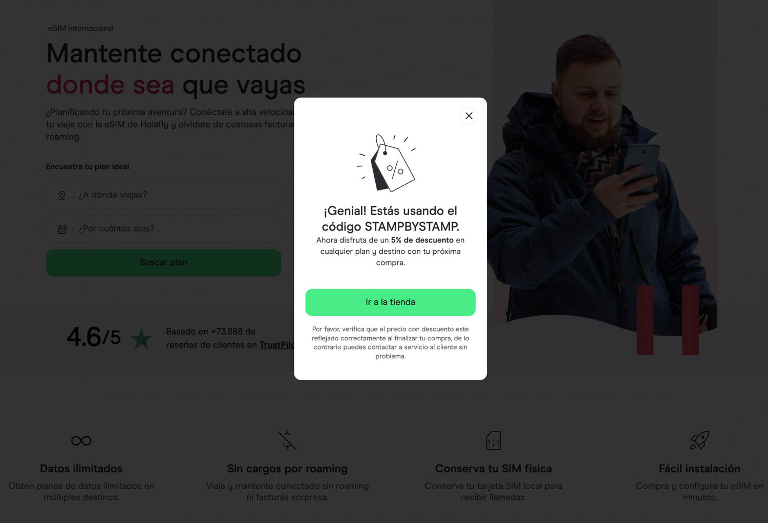 Código de descuento Holafly aplicado