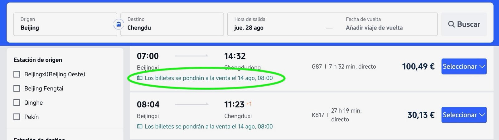 Fecha de venta del tren en China