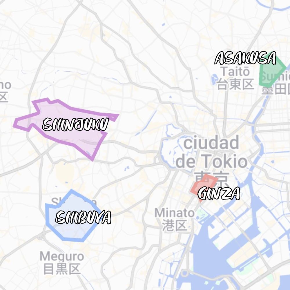 Mapa con las mejores zonas donde alojarse en Tokio